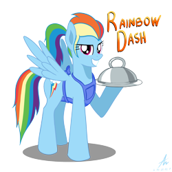 Size: 3000x3000 | Tagged: safe, artist:truffle shine, imported from derpibooru, rainbow dash, pegasus, pony, alternate hairstyle, apron, clothes, cosplay, costume, crossover, diner dash, female, flo (diner dash), food, grin, hoof hold, looking at you, mare, ponytail, pun, signature, simple background, smiling, smirk, solo, spread wings, transparent background, video game, waitress, wings