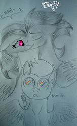 Size: 720x1188 | Tagged: safe, artist:neonspirit17, imported from derpibooru, rainbow dash, soarin', pony, colt, kissing, male, pencil drawing, shipping, soarindash, sonic rainboom, straight, traditional art