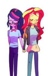 Size: 779x1144 | Tagged: safe, artist:little-tweenframes, deleted from derpibooru, imported from derpibooru, sci-twi, sunset shimmer, twilight sparkle, series:sciset diary, equestria girls, breasts, clothes, cute, eyes closed, female, glasses, holding hands, jacket, lesbian, pants, scitwishimmer, shipping, smiling, sunsetsparkle