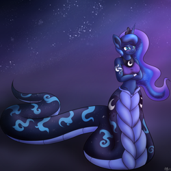 Size: 2000x2000 | Tagged: safe, artist:novaspark, imported from derpibooru, princess luna, anthro, lamia, original species, snake, blushing, clothes, female, lamiafied, solo, species swap