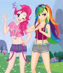 Size: 667x767 | Tagged: safe, artist:niteowlx, imported from derpibooru, pinkie pie, rainbow dash, human, clothes, cupcake, food, hat, humanized, jewelry, necklace, one eye closed, party hat, shorts, suspenders, wink