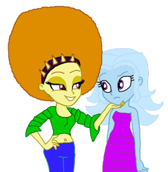 Size: 883x904 | Tagged: safe, artist:ktd1993, imported from derpibooru, adagio dazzle, trixie, equestria girls, afro, alternate hairstyle, disco, female, lesbian, shipping, triagio