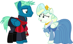 Size: 1661x1001 | Tagged: safe, artist:cloudy glow, artist:cloudyglow, imported from derpibooru, sky stinger, vapor trail, pegasus, pony, top bolt, clothes, clothes swap, cosplay, costume, crossover, crown, disney, dress, female, implied wing hole, jewelry, looking at each other, male, mare, open mouth, princess aurora, raised hoof, regalia, shipping, show accurate, simple background, sleeping beauty, smiling, stallion, straight, transparent background, vaporsky, vector