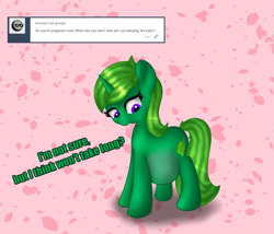 Size: 1023x876 | Tagged: safe, artist:limedreaming, imported from derpibooru, oc, oc only, oc:lime dream, pony, unicorn, belly, big belly, dialogue, green fur, happy, looking down, pregnant, purple eyes, shading, smiling, solo, tumblr