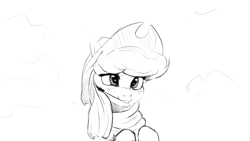Size: 1920x1080 | Tagged: safe, artist:hierozaki, imported from derpibooru, applejack, earth pony, pony, clothes, cowboy hat, female, hat, hay stalk, mare, monochrome, scarf, sketch, smiling, solo, stetson, straw in mouth
