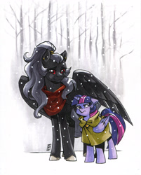 Size: 2544x3168 | Tagged: safe, artist:valkyrie-girl, imported from derpibooru, twilight sparkle, twilight sparkle (alicorn), oc, oc:princess raven, alicorn, pony, cloak, clothes, size difference, snow, traditional art, unamused