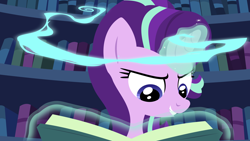 Size: 1920x1080 | Tagged: safe, artist:istilllikegamecubes, imported from derpibooru, starlight glimmer, pony, book, female, magic, solo, twilight's castle