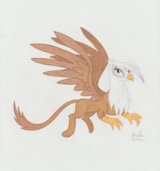 Size: 865x923 | Tagged: safe, artist:soulsliver249, imported from derpibooru, gilda, griffon, female, flying, solo, spread wings, traditional art