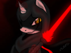 Size: 1500x1125 | Tagged: safe, artist:miniferu, imported from derpibooru, oc, oc only, oc:comander blacknight, pony, unicorn, lightsaber, sith, sith lord, solo, star wars, weapon