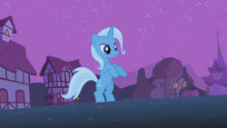 Size: 1280x720 | Tagged: safe, imported from derpibooru, screencap, trixie, pony, unicorn, boast busters, alternative cutie mark placement, angry, bipedal, building, female, inner thigh cutie mark, mare, night, open mouth, ponyville, solo