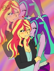 Size: 768x1024 | Tagged: safe, artist:brickercupmasterx3, imported from derpibooru, aria blaze, sunset shimmer, equestria girls, rainbow rocks, blushing, embrace, female, hug, lesbian, shipping, sunblaze