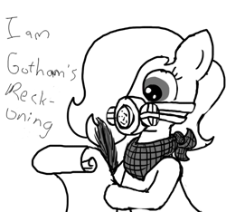 Size: 640x600 | Tagged: safe, artist:ficficponyfic, edit, imported from derpibooru, oc, oc only, oc:emerald jewel, pony, colt quest, bandana, bane, bane mask, batman, child, colt, foal, gas mask, hair over one eye, letter, male, mask, monochrome, quill, scroll, solo, writing