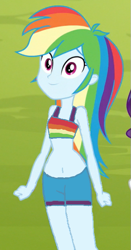 Size: 345x657 | Tagged: safe, edit, edited screencap, imported from derpibooru, screencap, rainbow dash, equestria girls, legend of everfree, belly button, bikini, bikini top, clothes, cropped, female, shorts, solo, swimsuit