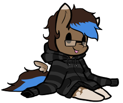 Size: 1884x1586 | Tagged: safe, artist:neoncel, imported from derpibooru, oc, oc only, oc:playthrough, pegasus, pony, chibi, clothes, cute, derp, floating wings, glasses, hoodie, male, nerd, simple background, sitting, smiling, solo, stallion, tongue out, transparent background, wings