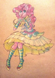 Size: 907x1280 | Tagged: safe, artist:vincher, imported from derpibooru, gummy, pinkie pie, anthro, unguligrade anthro, bow, clothes, dress, gloves, socks, striped socks