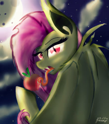 Size: 1024x1161 | Tagged: safe, artist:moobew, imported from derpibooru, fluttershy, bat pony, pony, apple, female, flutterbat, food, moon, night, race swap, solo