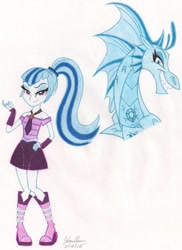 Size: 762x1048 | Tagged: safe, artist:soulsliver249, imported from derpibooru, sonata dusk, siren, equestria girls, boots, evil grin, grin, high heel boots, smiling, traditional art