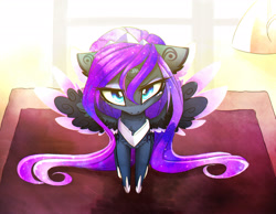 Size: 2480x1928 | Tagged: safe, artist:magnaluna, imported from derpibooru, princess luna, pony, alternate hairstyle, chest fluff, chibi, colored wings, colored wingtips, cute, female, floppy ears, galaxy mane, grumpy, looking at you, looking up, looking up at you, lunabetes, mare, not nyx, solo, spread wings