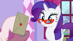 Size: 1920x1080 | Tagged: safe, imported from derpibooru, screencap, pinkie pie, rarity, earth pony, pony, unicorn, canterlot boutique, frown, glasses, hooves, letter, looking at something, solo focus, tape, wide eyes