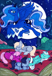 Size: 1024x1487 | Tagged: safe, artist:raxamermaid, imported from derpibooru, cheerilee, derpy hooves, lyra heartstrings, octavia melody, princess luna, pegasus, pony, female, mare, moon, night, sleeping, traditional art