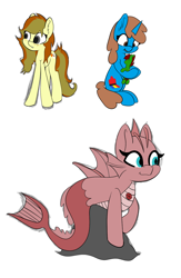Size: 948x1452 | Tagged: safe, artist:limedreaming, imported from derpibooru, oc, oc only, oc:contralto, oc:painttastic, oc:pastel dice, earth pony, pony, siren, unicorn, female, mare, plushie, rock, simple background, white background