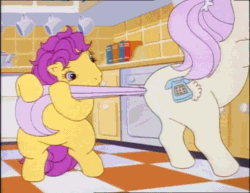 Size: 704x544 | Tagged: safe, imported from derpibooru, screencap, bon bon (g1), earth pony, pony, my little pony tales, too sick to notice, animated, bag, big sister, bipedal, butt, child, context is for the weak, female, g1, gif, kitchen, little sister, looped, mare, misty, misty (g1), out of context, phone, pink hair, plot, ponytail, pulling, purple hair, satchel, scrunchie, siblings, sisters, standing, tail, tail pull, yellow pony
