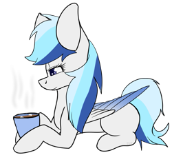 Size: 853x769 | Tagged: safe, artist:fizzy2014, imported from derpibooru, oc, oc only, oc:silver skies, pegasus, pony, coffee, commission, female, food, mare, marshmallow, prone, simple background, solo, transparent background, up, ych result