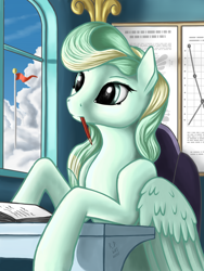 Size: 2262x3010 | Tagged: safe, artist:lightly-san, imported from derpibooru, vapor trail, pegasus, pony, top bolt, cloud, desk, female, implied rainbow dash, mare, mouth hold, pencil, solo, window
