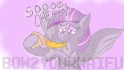 Size: 1024x576 | Tagged: safe, artist:bow2yourwaifu, imported from derpibooru, twilight sparkle, alicorn, pony, abstract background, eating, female, food, obtrusive watermark, out of character, quesadilla, solo, they're just so cheesy, twilight sparkle (alicorn), watermark