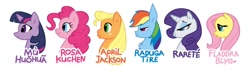 Size: 1280x355 | Tagged: safe, artist:vampiremeerkat, imported from derpibooru, applejack, fluttershy, pinkie pie, rainbow dash, rarity, twilight sparkle, pony, chinese, french, german, hatless, mane six, missing accessory, name translation, redesign, russian, swedish, translation