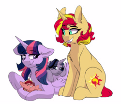 Size: 3500x3000 | Tagged: safe, artist:scarletskitty12, imported from derpibooru, sunset shimmer, twilight sparkle, oc, oc:cabaletta, oc:solar crackle, pony, unicorn, equestria girls, alternate hairstyle, chest fluff, family, female, half-siblings, lesbian, looking up, magical lesbian spawn, next generation, offspring, parent:flash sentry, parent:sunset shimmer, parent:twilight sparkle, parents:flashlight, parents:sunsetsparkle, prone, shipping, siblings, smiling, sunsetsparkle, twilight sparkle (alicorn)
