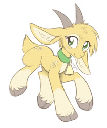 Size: 619x739 | Tagged: safe, artist:cassiusdrawsthings, deleted from derpibooru, imported from derpibooru, oc, oc only, goat, bell, bell collar, cloven hooves, collar, cute, explicit source, eyelashes, floppy ears, horns, simple background, solo, white background