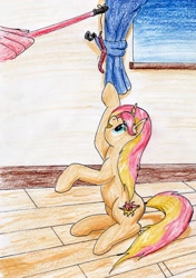 Size: 2103x2979 | Tagged: safe, artist:40kponyguy, derpibooru exclusive, imported from derpibooru, sunset shimmer, human, pony, unicorn, equestria girls, behaving like a cat, cat toy, cutie mark, hand, looking up, offscreen character, pony pet, traditional art, wooden floor