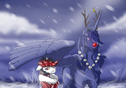 Size: 1280x894 | Tagged: safe, artist:lucky dragoness, imported from derpibooru, oc, oc only, oc:blackjack, oc:lacunae, alicorn, pony, unicorn, fallout equestria, fallout equestria: project horizons, alicorn oc, artificial alicorn, explicit source, fanfic, fanfic art, female, floppy ears, gritted teeth, horn, mare, purple alicorn (fo:e), red nosed, snow, wings, winter