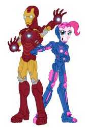 Size: 2798x4140 | Tagged: safe, artist:edcom02, artist:jmkplover, imported from derpibooru, pinkie pie, human, equestria girls, absurd resolution, angry, armor, boots, clothes, crossover, duo, faic, gloves, gritted teeth, iron man, marvel, motorcross, shoes, simple background, superhero, tony stark, transparent background