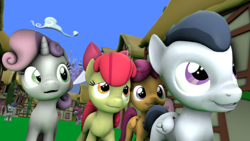 Size: 3840x2160 | Tagged: safe, artist:viranimation, imported from derpibooru, apple bloom, berry punch, berryshine, rumble, scootaloo, shady daze, sweetie belle, 3d, cutie mark crusaders, ponyville, source filmmaker, street