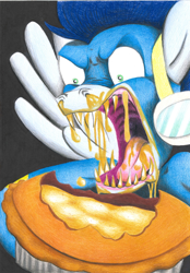 Size: 600x862 | Tagged: safe, artist:smokeymcdaniel, imported from derpibooru, soarin', pony, faic, food, male, messy eating, nightmare fuel, pie, sharp teeth, solo, teeth, that pony sure does love pies