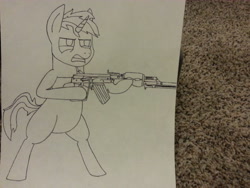 Size: 3264x2448 | Tagged: safe, artist:unreliable narrator, imported from derpibooru, oc, oc only, pony, unicorn, bipedal, gun, rpk, solo, traditional art, weapon