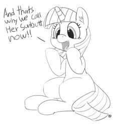 Size: 1280x1349 | Tagged: safe, artist:pabbley, imported from derpibooru, twilight sparkle, pony, and that's how equestria was made, dialogue, female, monochrome, open mouth, sitting, solo