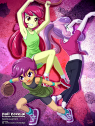 Size: 900x1200 | Tagged: safe, artist:uotapo, imported from derpibooru, apple bloom, scootaloo, sweetie belle, equestria girls, adventure in the comments, armpits, ball, basketball, basketball net, clothes, cute, cutie mark crusaders, dress, fall formal, fall formal princess competition, female, frown, glare, gritted teeth, hanging, midriff, open mouth, pants, shoes, short shirt, shorts, sneakers, sports, sports bra, sweatband, tomboy