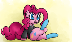 Size: 1792x1061 | Tagged: safe, artist:mang, imported from derpibooru, pinkie pie, pony, clothes, female, hoodie, open mouth, smiling, socks, solo