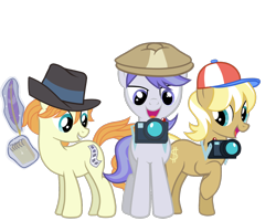 Size: 1280x1024 | Tagged: safe, artist:alexa0118, imported from derpibooru, long shot, press pass, press release (character), snappy scoop, earth pony, pony, unicorn, background pony, camera, female, hat, magic, mare, notepad, paparazzi, quill, simple background, telekinesis, transparent background, trio, vector