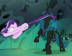 Size: 1276x992 | Tagged: safe, imported from derpibooru, screencap, queen chrysalis, starlight glimmer, thorax, changeling, changeling queen, pony, unicorn, to where and back again, armor, changeling armor, changeling guard, changeling officer, cropped, female, mare, mouth hold, tail, tail pull, wide eyes