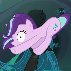 Size: 529x529 | Tagged: safe, imported from derpibooru, screencap, queen chrysalis, starlight glimmer, changeling, changeling queen, pony, unicorn, to where and back again, cropped, faic, female, mare, wide eyes