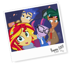 Size: 950x850 | Tagged: safe, artist:dm29, imported from derpibooru, flash sentry, sci-twi, sunset shimmer, timber spruce, twilight sparkle, equestria girls, 2017, alcohol, beer, cute, female, happy new year, happy new year 2017, male, new year, shipping, straight, timbertwi