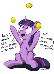 Size: 780x1080 | Tagged: safe, artist:tehflah, imported from derpibooru, twilight sparkle, alicorn, pony, context is for the weak, dialogue, female, food, juggling, lemon, looking up, offscreen character, open mouth, simple background, sitting, solo, transparent background, twilight sparkle (alicorn)