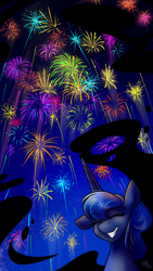 Size: 750x1334 | Tagged: safe, artist:cosmalumi, artist:its-gloomy, imported from derpibooru, princess luna, pony, cute, eyes closed, fireworks, grin, happy new year, happy new year 2017, long mane, lunabetes, missing accessory, night, smiling, solo