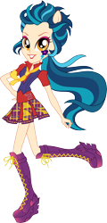 Size: 7045x14639 | Tagged: safe, artist:sugar-loop, imported from derpibooru, indigo zap, equestria girls, friendship games, absurd resolution, alternate hairstyle, boots, clothes, crystal prep shadowbolts, eyeshadow, female, hand on hip, long hair, looking at you, makeup, necktie, ponied up, school spirit, simple background, skirt, smiling, solo, transparent background, vector, vest