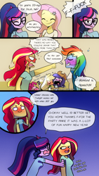 Size: 720x1280 | Tagged: safe, artist:little-tweenframes, deleted from derpibooru, imported from derpibooru, applejack, fluttershy, pinkie pie, rainbow dash, rarity, sci-twi, sunset shimmer, twilight sparkle, series:sciset diary, equestria girls, angry, blushing, cellphone, comic, cowboy hat, drunk, eyes closed, female, glasses, happy new year, happy new year 2017, hat, lesbian, looking back, mane six, new year, new years eve, phone, rarijack, scitwishimmer, shipping, smiling, stetson, sunsetsparkle, vulgar