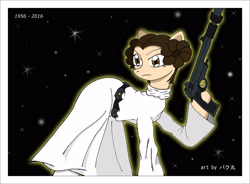 Size: 3117x2288 | Tagged: safe, artist:bakumaru01, imported from derpibooru, pony, blaster, carrie fisher, clothes, dress, frown, glare, glow, glowing, gun, hoof hold, ponified, princess leia, solo, star wars, stars, tribute, weapon